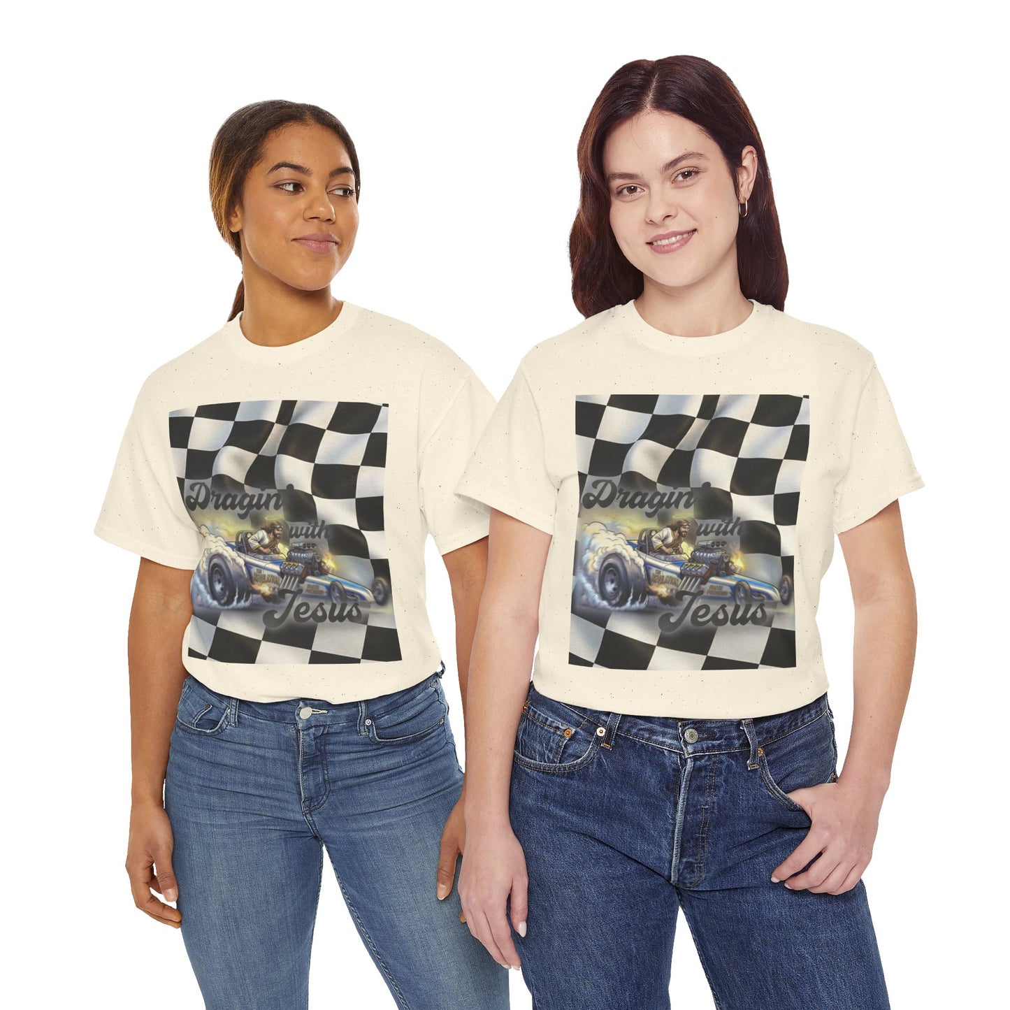 Racing Faith Tee – "Draggin' for Jesus" Checkered Flag Racing T-Shirt