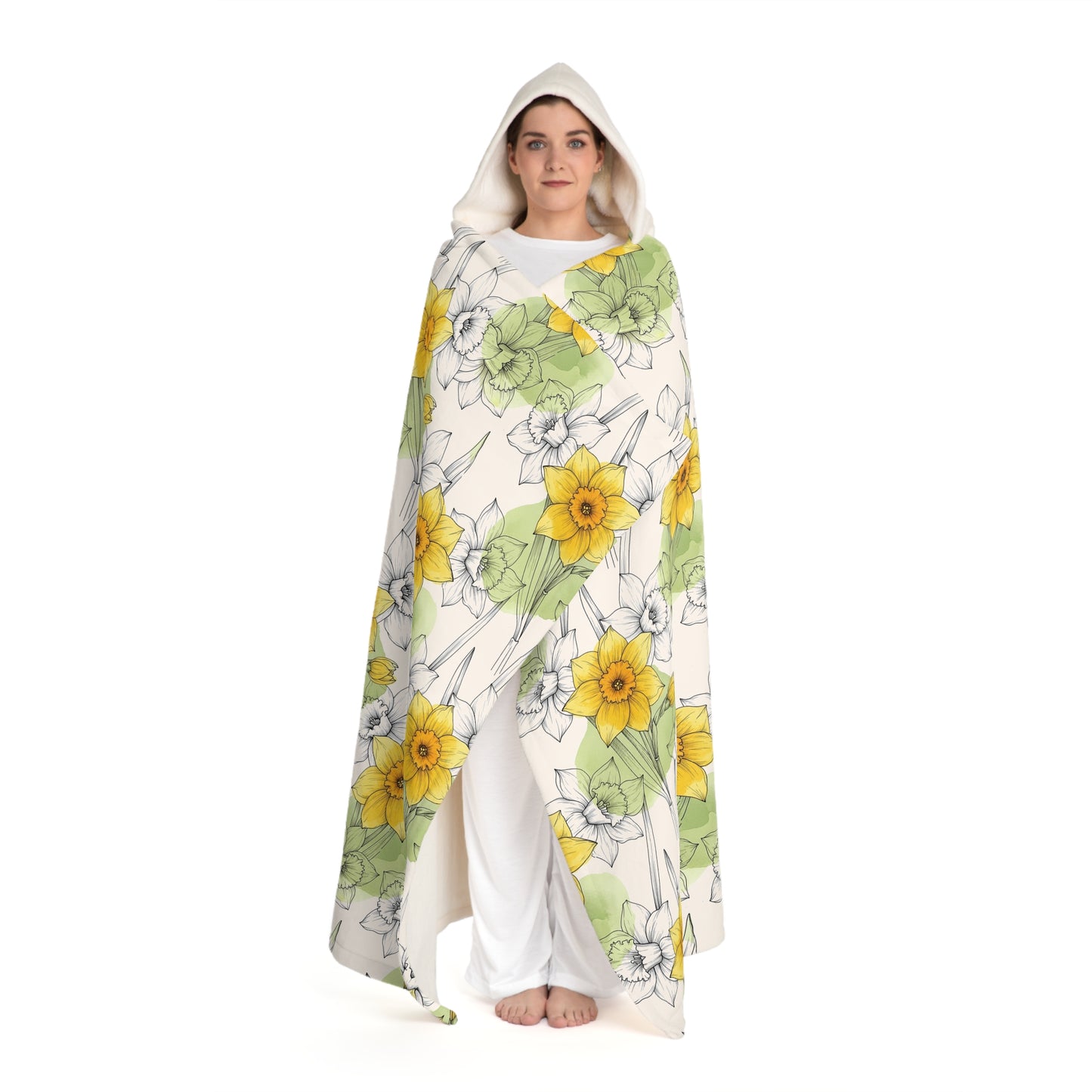 Hooded Sherpa Blanket — Yellow & Green Daffodil Floral Fleece Throw