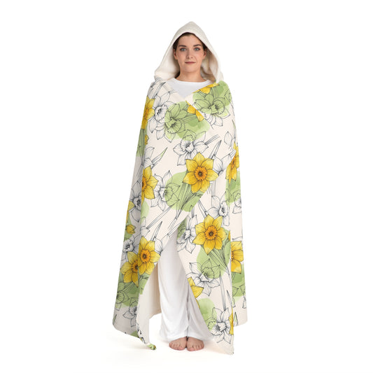 Hooded Sherpa Blanket — Yellow & Green Daffodil Floral Fleece Throw