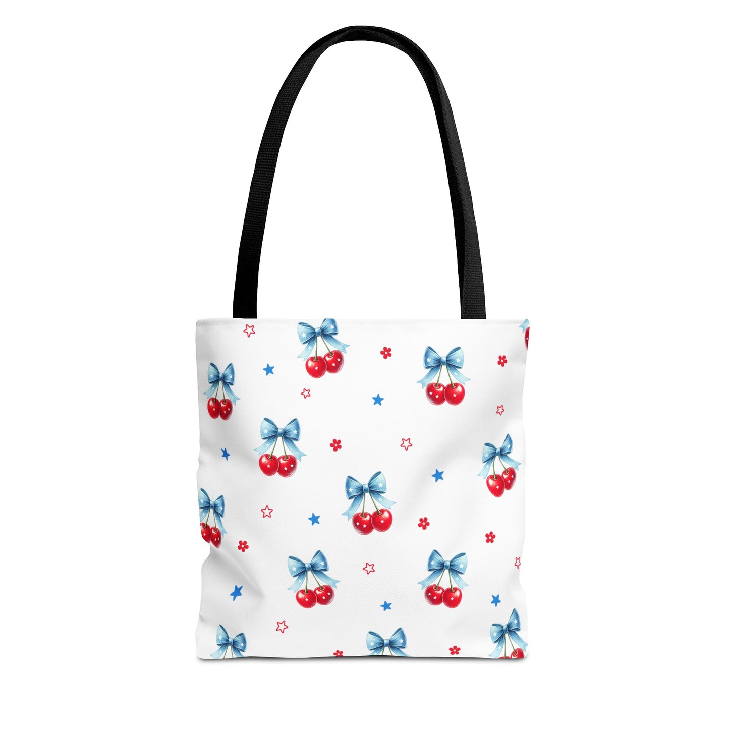 Cherry Bow Tote Bag — Cute Red Cherries with Blue Bows Patterned Shopper