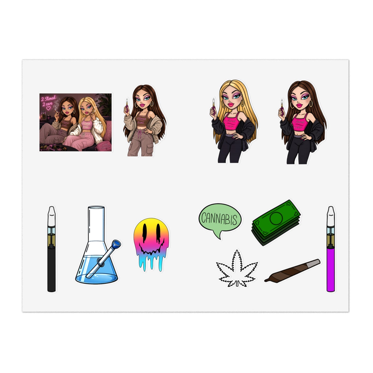 Cannabis Vibes Sticker Sheet — Smoking Accessories & Chill Girl Character Stickers