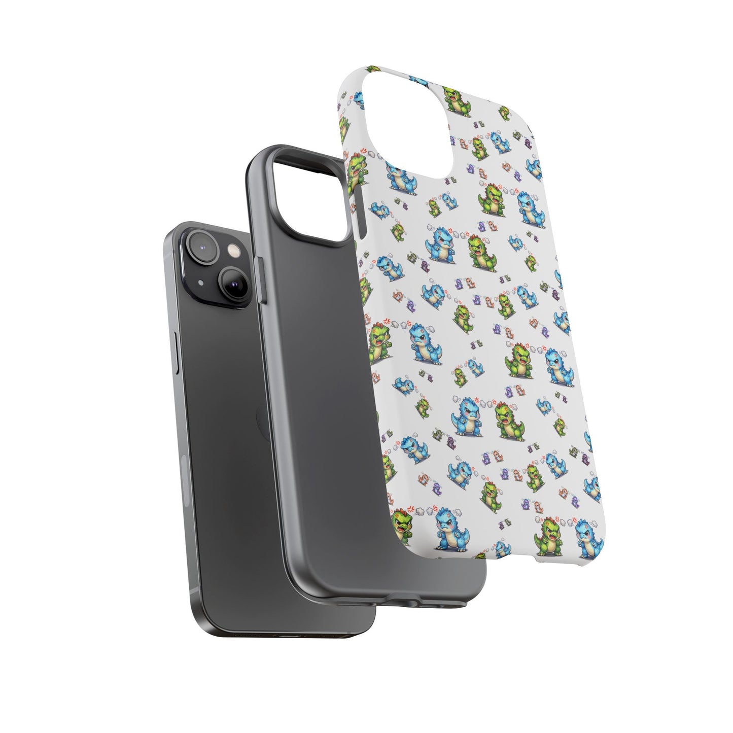 Cute Dino Pattern Phone Case — Cartoon Green & Blue Dino Tough Case, Protective iPhone Cover