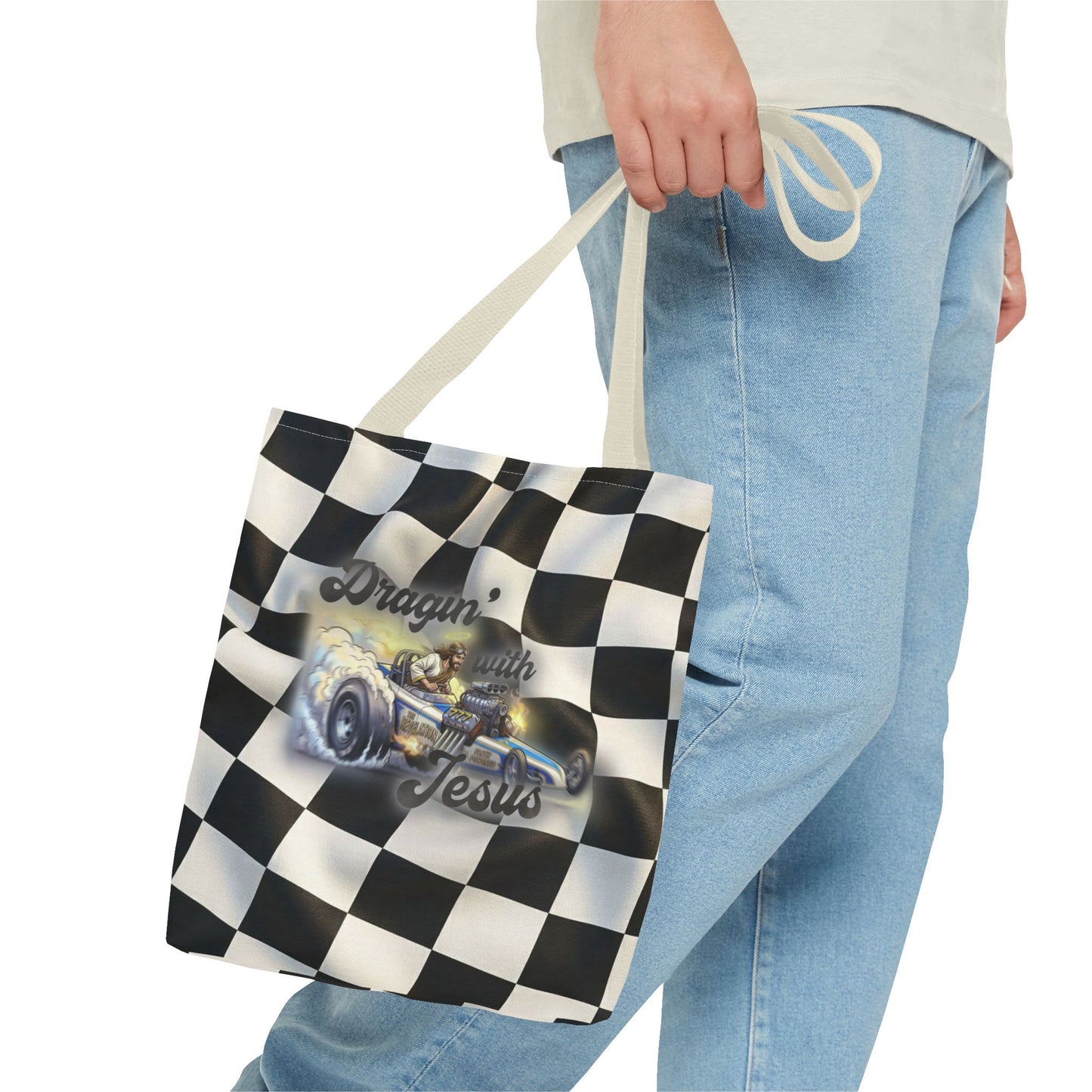 Dragin' Jesus Racing Tote Bag — Checkered Flag Vintage Hot Rod Tote