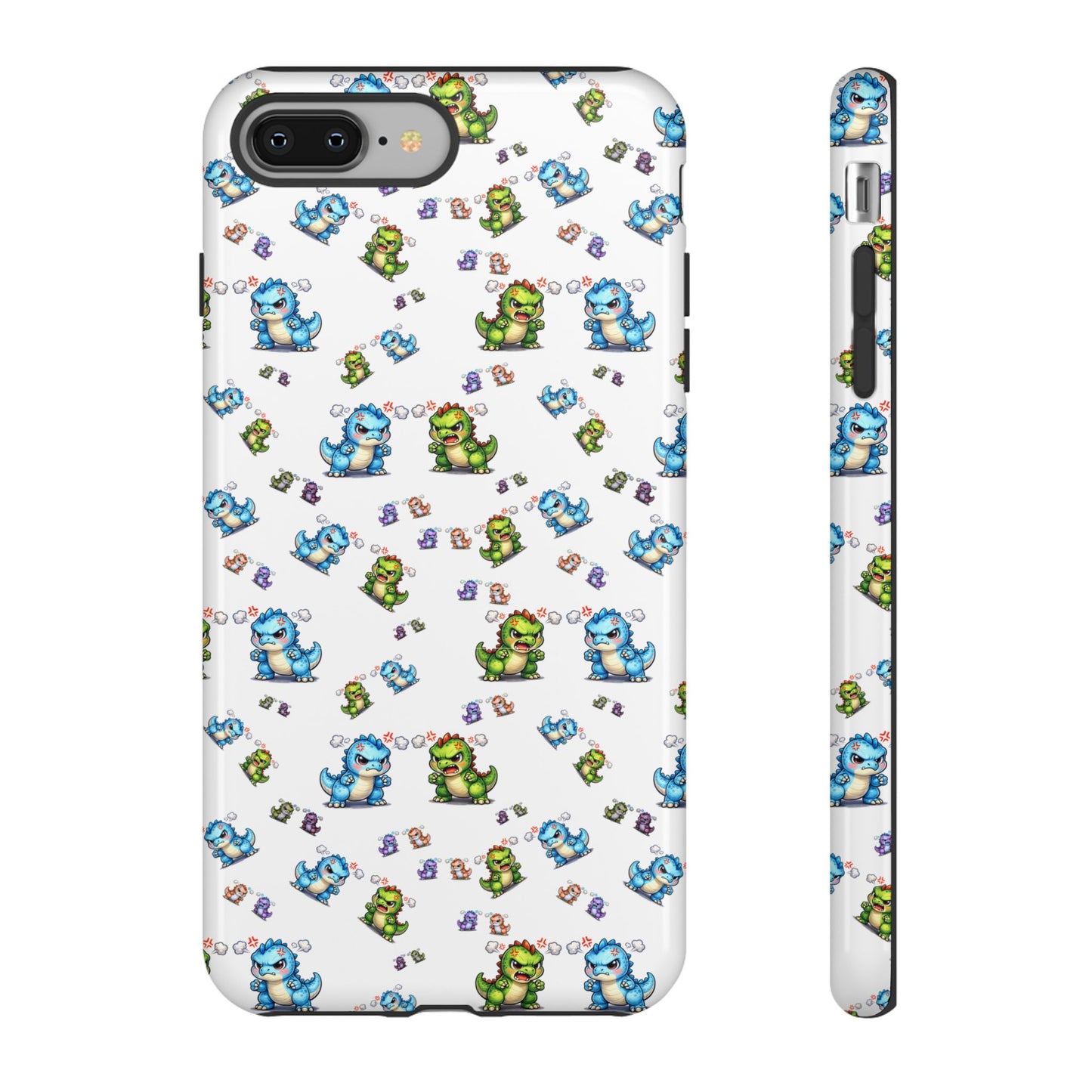 Cute Dino Pattern Phone Case — Cartoon Green & Blue Dino Tough Case, Protective iPhone Cover