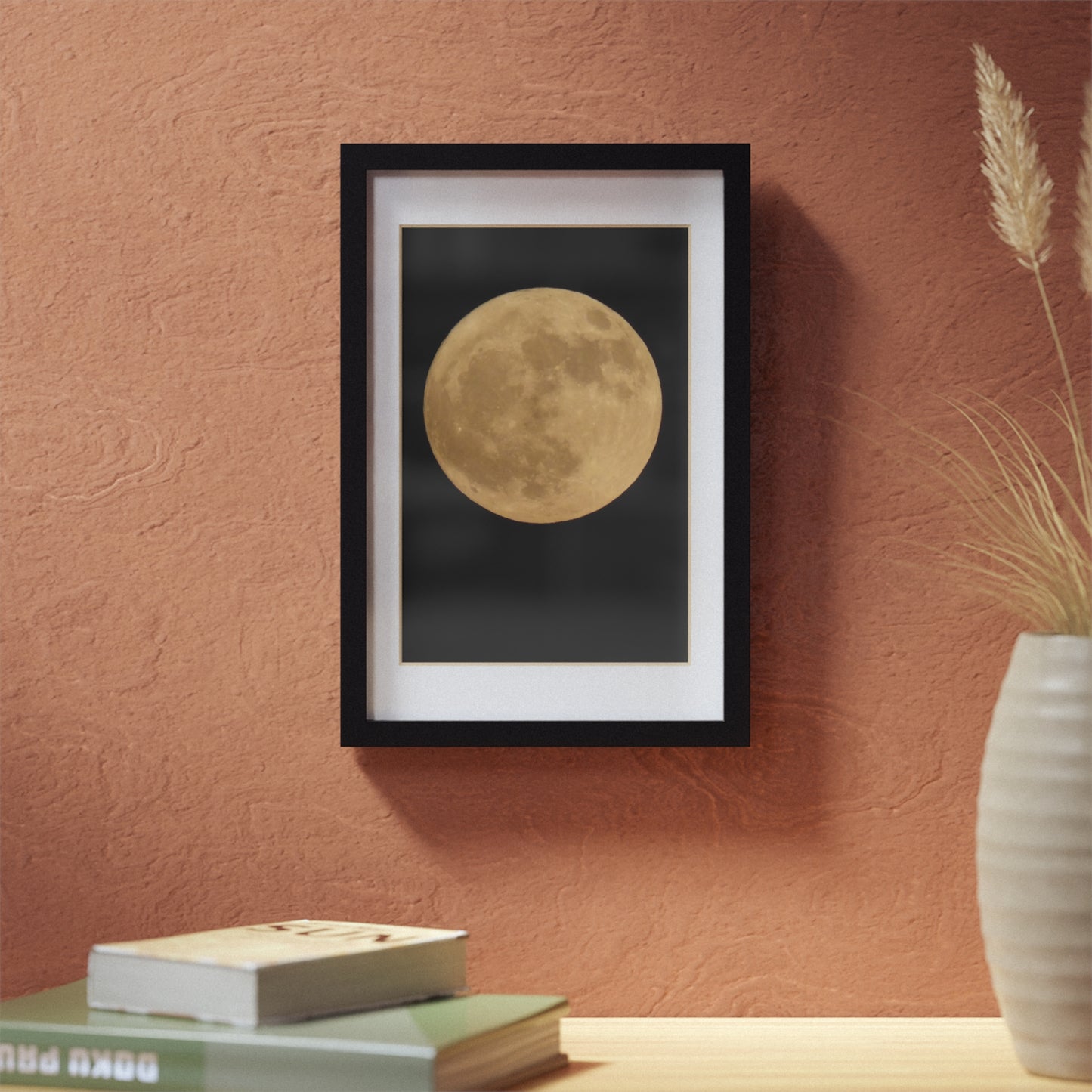 Moon Print Framed Poster — Gold Lunar Art in Black Frame