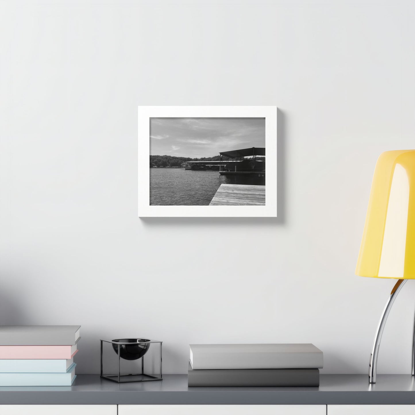 Lake Dock Framed Poster — Black & White Waterfront Wall Art