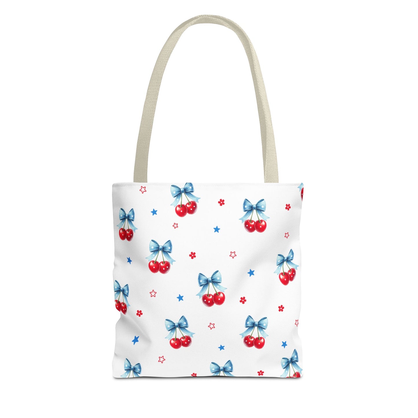 Cherry Bow Tote Bag — Cute Red Cherries with Blue Bows Patterned Shopper
