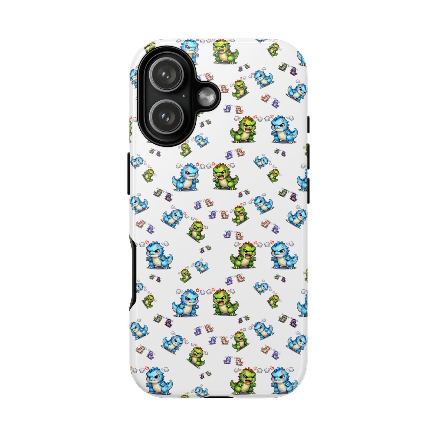 Cute Dino Pattern Phone Case — Cartoon Green & Blue Dino Tough Case, Protective iPhone Cover
