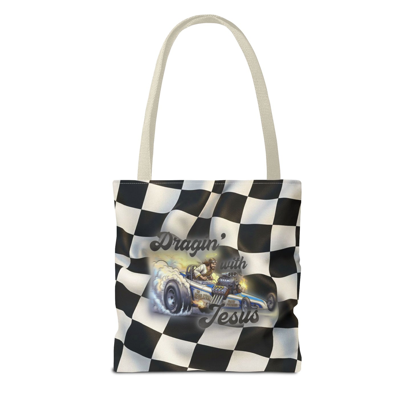 Dragin' Jesus Racing Tote Bag — Checkered Flag Vintage Hot Rod Tote
