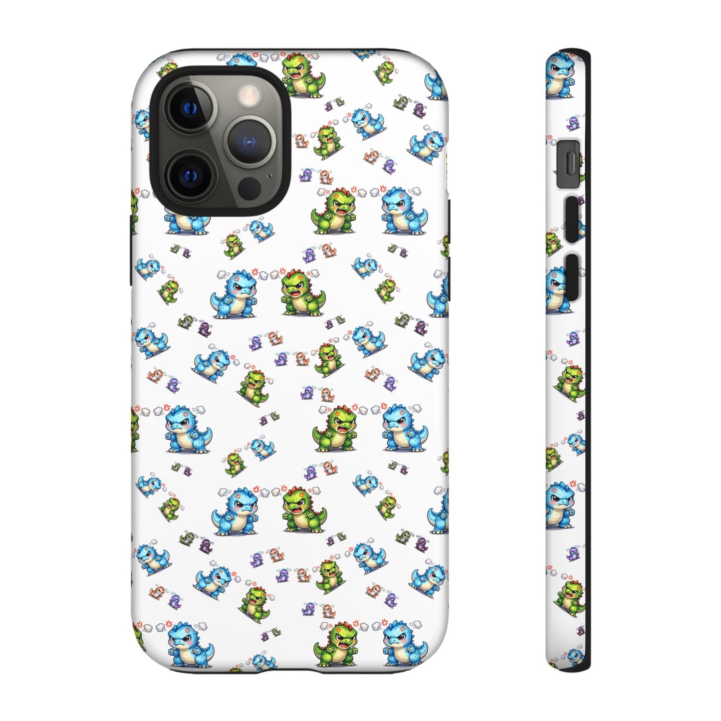 Cute Dino Pattern Phone Case — Cartoon Green & Blue Dino Tough Case, Protective iPhone Cover