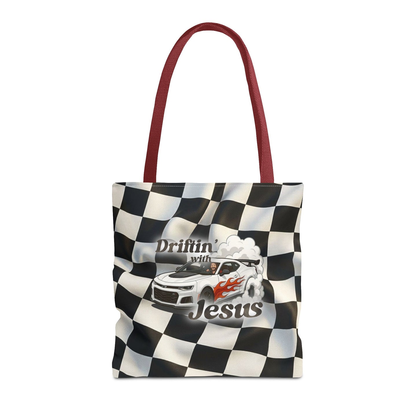 Driftin' with Jesus Racing Tote Bag - Checkered Flag Christian Car Gift
