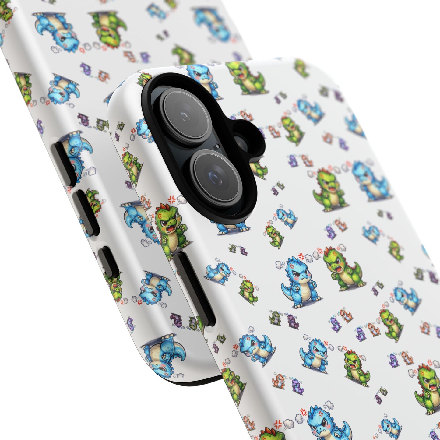 Cute Dino Pattern Phone Case — Cartoon Green & Blue Dino Tough Case, Protective iPhone Cover