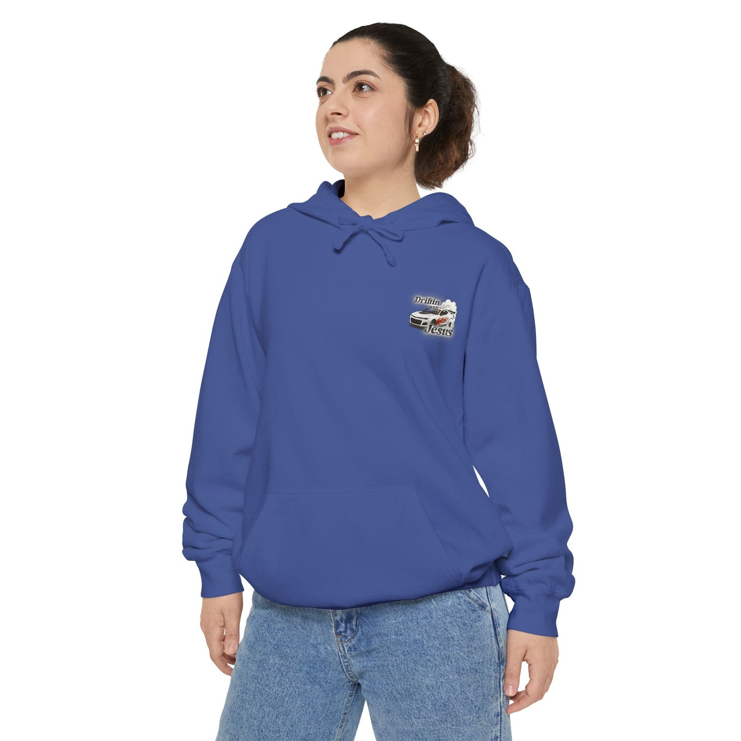 Classic Car Hoodie — Small Chest Graphic “drifting with jesus" Pullover