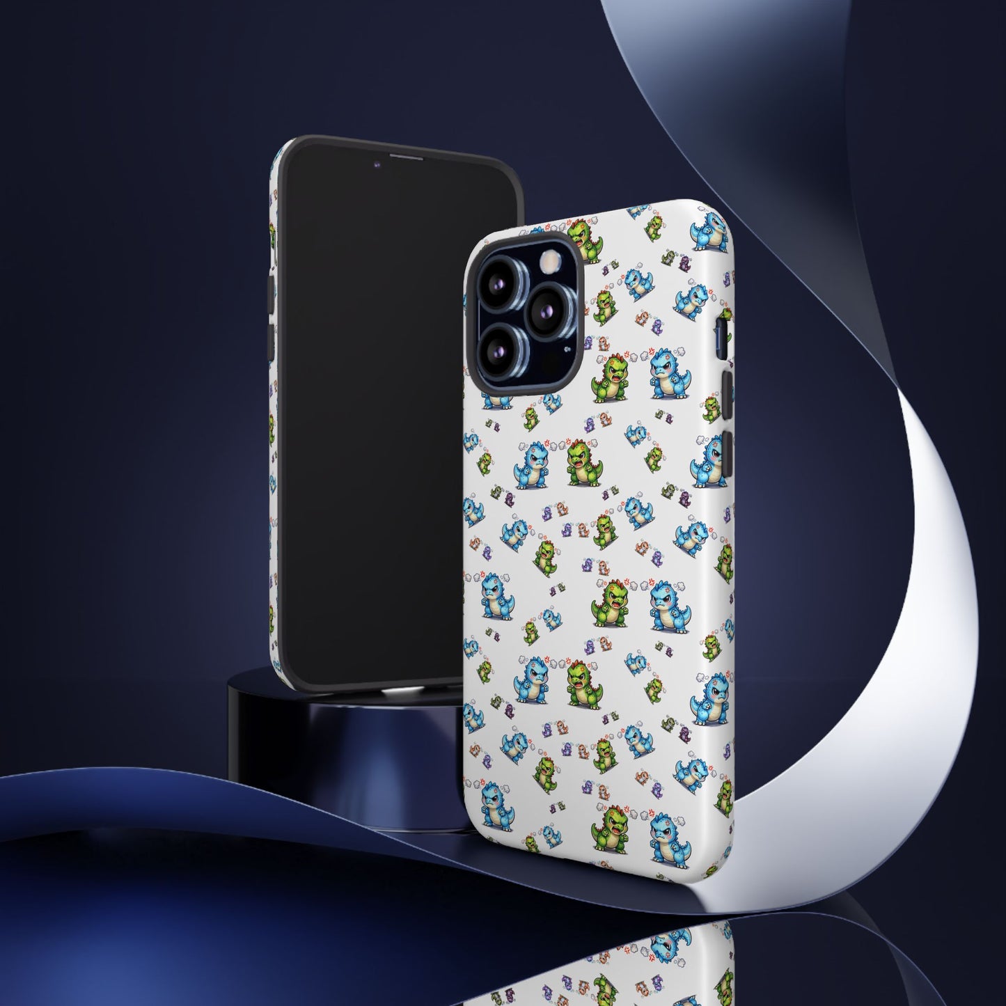 Cute Dino Pattern Phone Case — Cartoon Green & Blue Dino Tough Case, Protective iPhone Cover