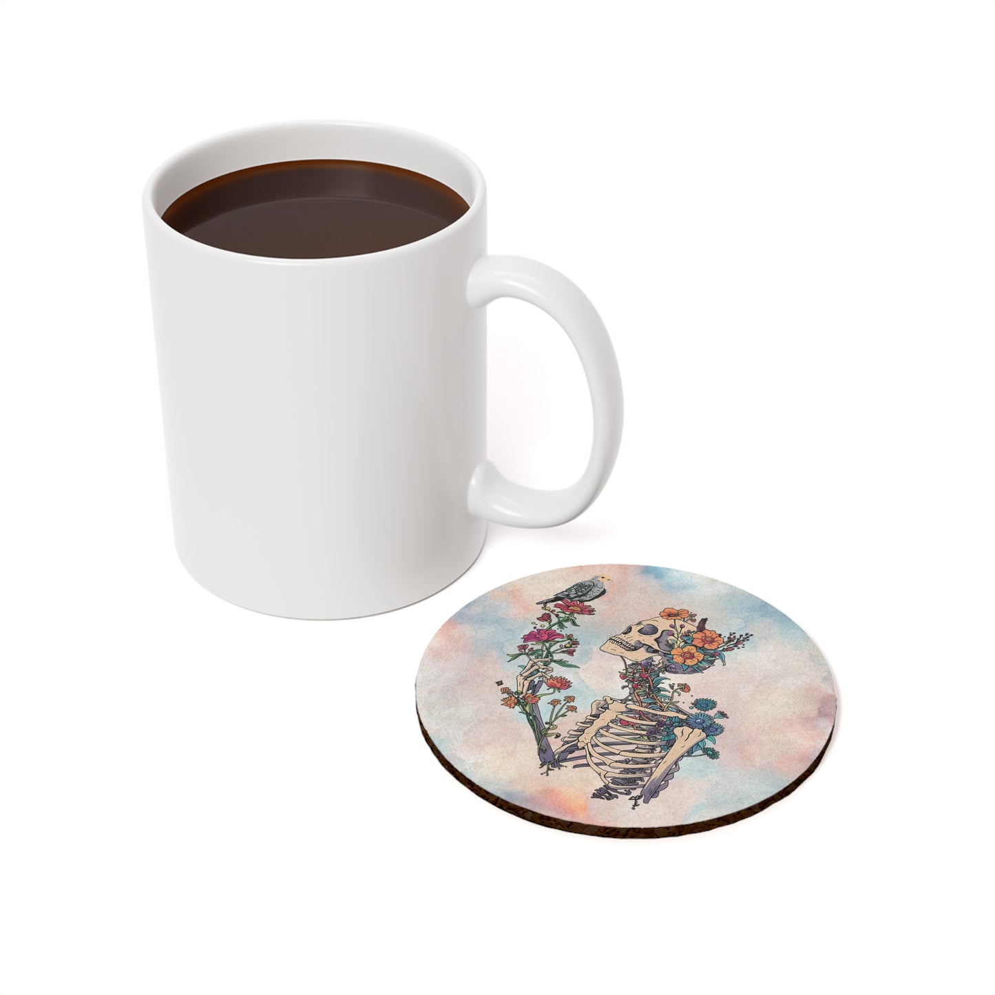 Floral Skeleton Cork Coaster — Day of the Dead Inspired Drink Mat