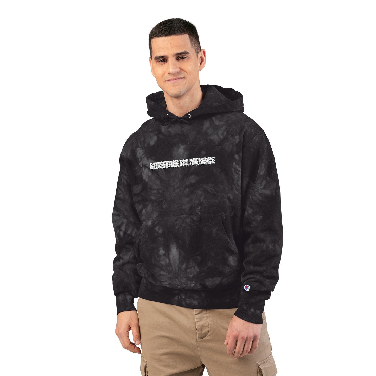Tie-Dye Embroidered Hoodie — 'Sensitive lil menace' Champion Pullover