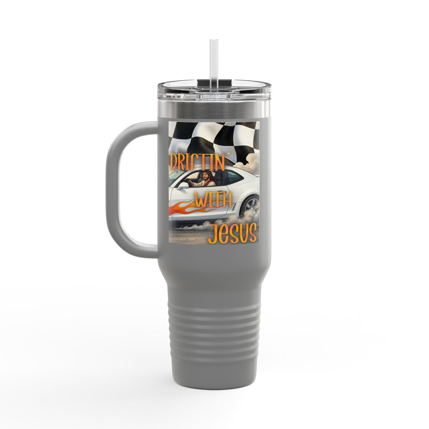 40oz Insulated Travel Mug — Vintage Race Car on Checkered Flag