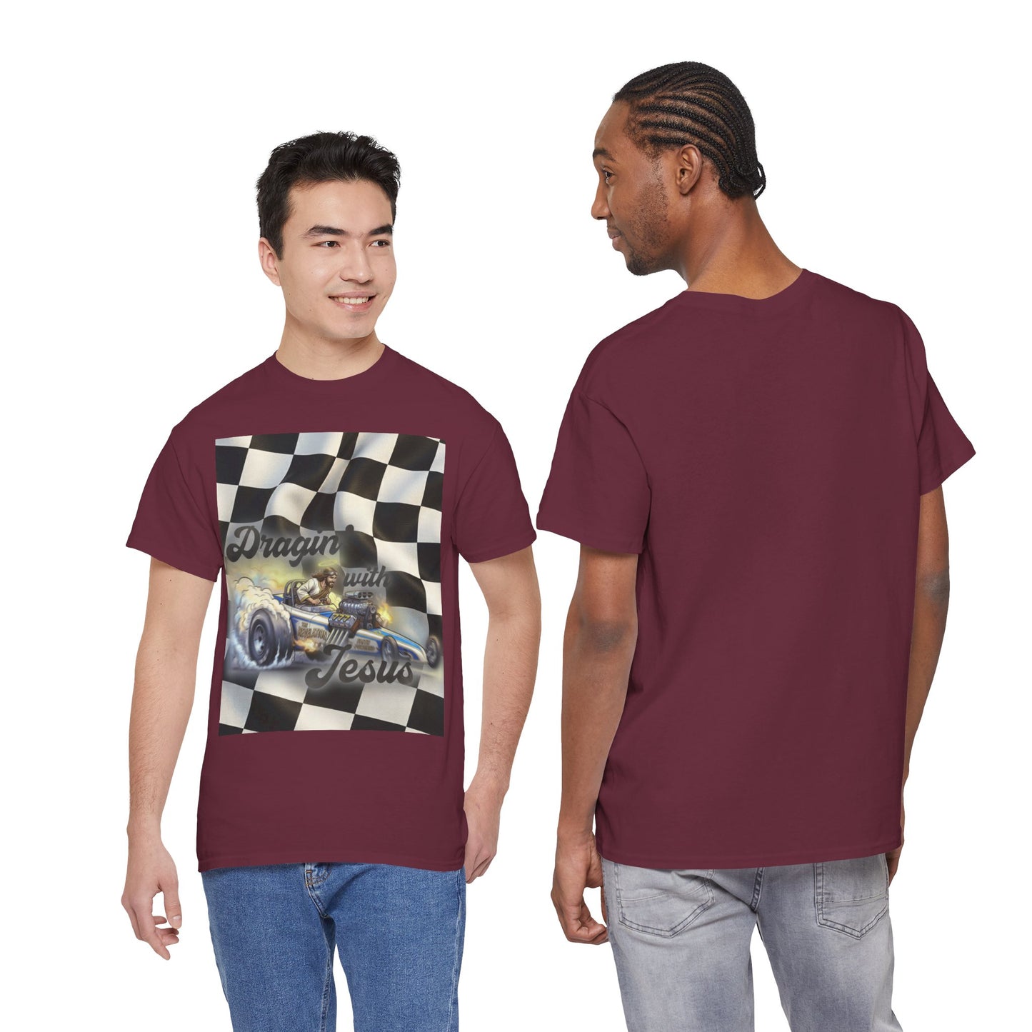 Racing Faith Tee – "Draggin' for Jesus" Checkered Flag Racing T-Shirt