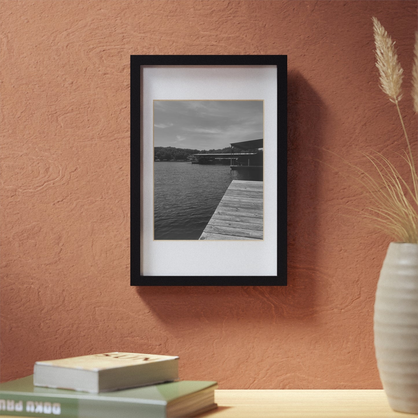 Black Framed Lake Dock Poster — Minimalist Monochrome Wall Art