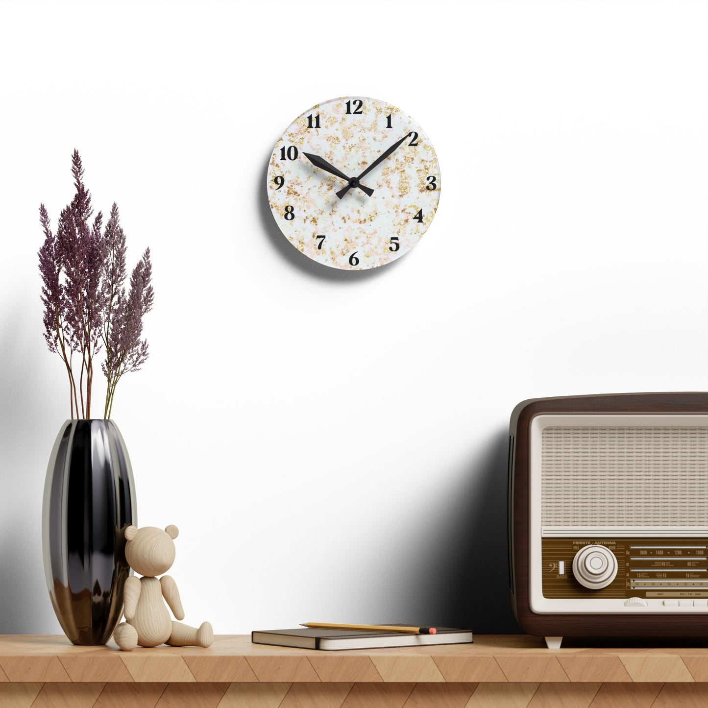 Marble Accent Acrylic Wall Clock — Elegant Gold Fleck Home Decor