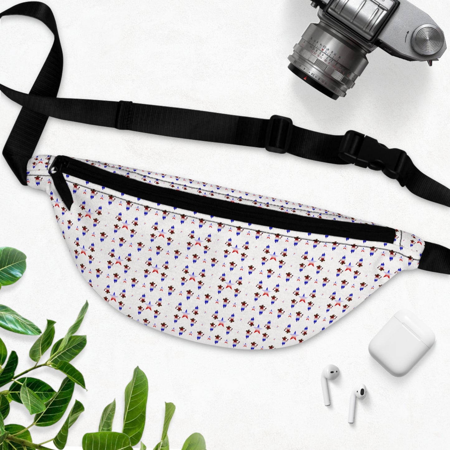 Fanny Pack — Petite Floral Pattern Waist Bag, White with Tiny Red & Blue Flowers