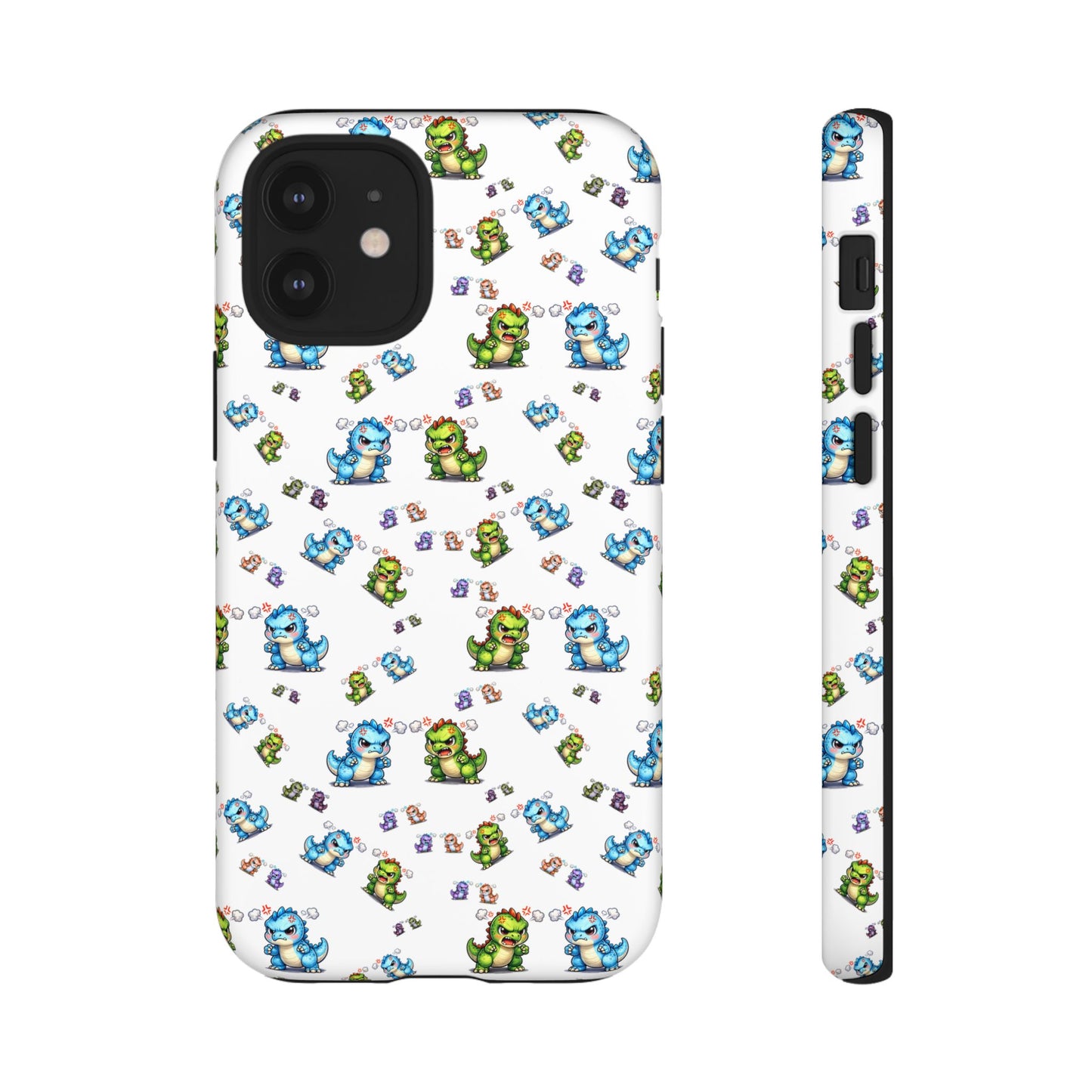 Cute Dino Pattern Phone Case — Cartoon Green & Blue Dino Tough Case, Protective iPhone Cover