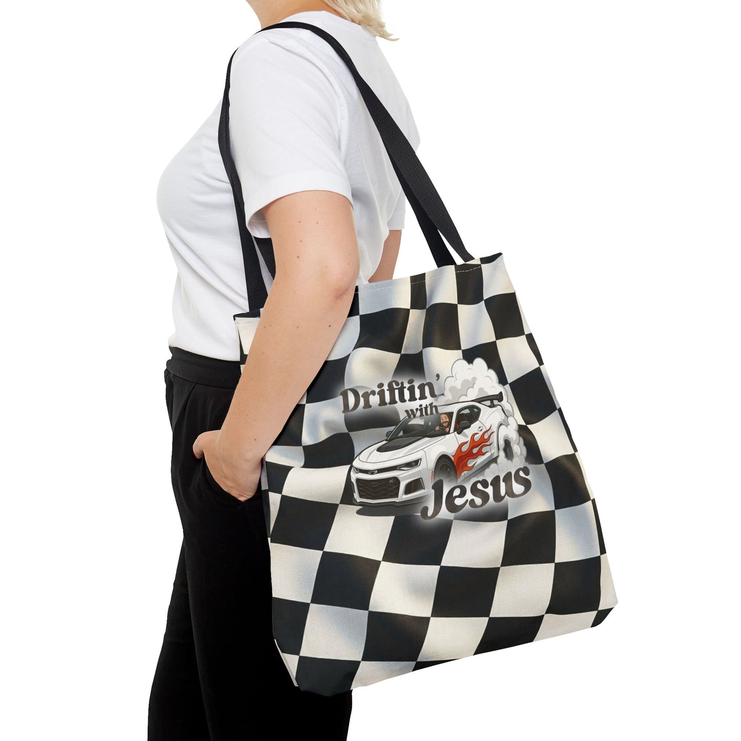 Driftin' with Jesus Racing Tote Bag - Checkered Flag Christian Car Gift