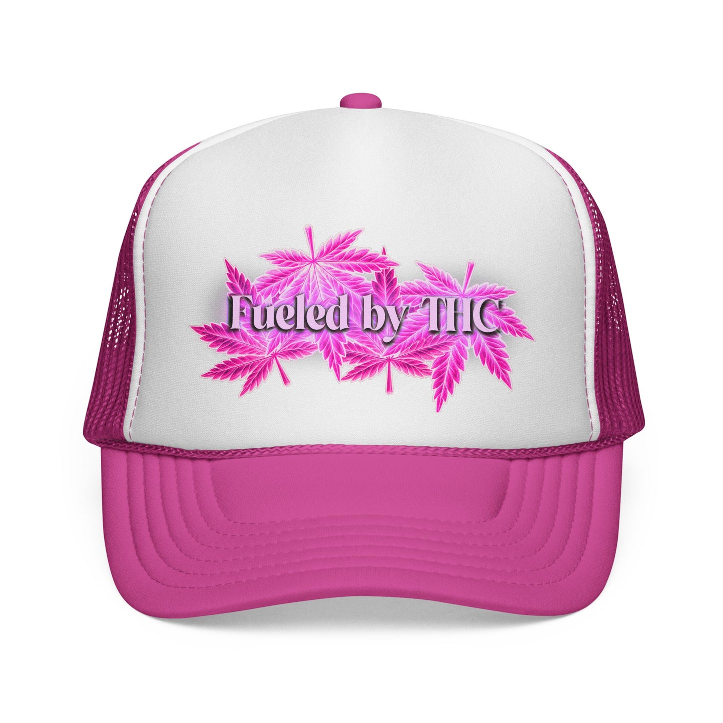 Trucker Cap — 'Fueled by THC' Pink Cannabis Leaf Mesh Hat