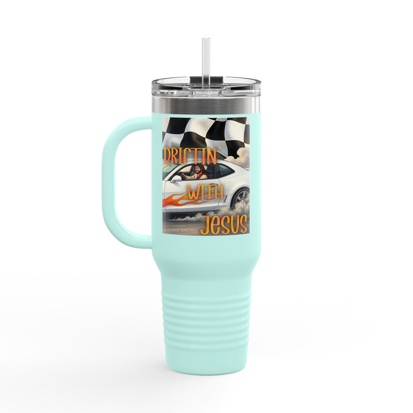 40oz Insulated Travel Mug — Vintage Race Car on Checkered Flag