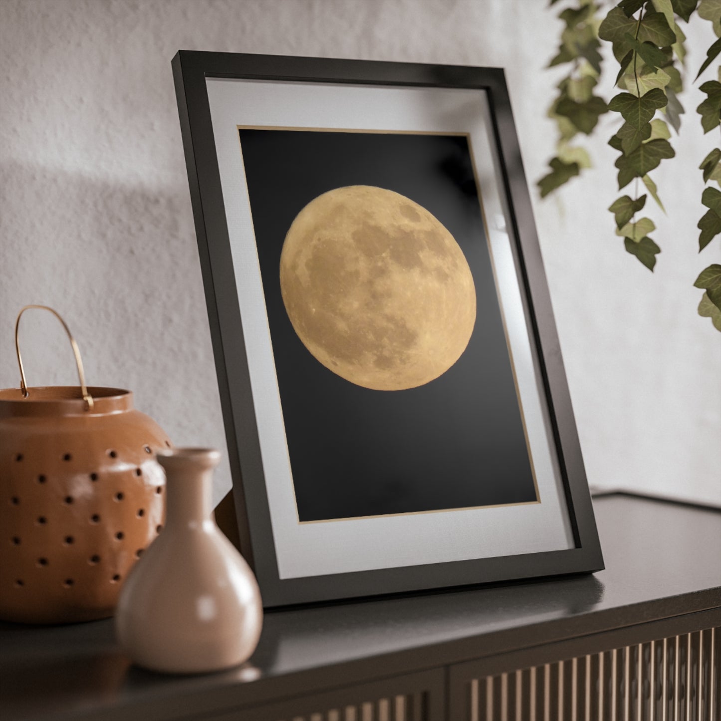 Moon Print Framed Poster — Gold Lunar Art in Black Frame