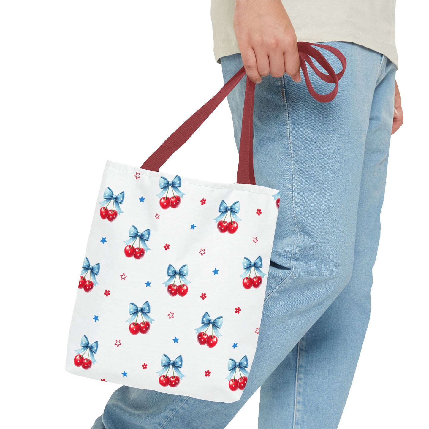 Cherry Bow Tote Bag — Cute Red Cherries with Blue Bows Patterned Shopper