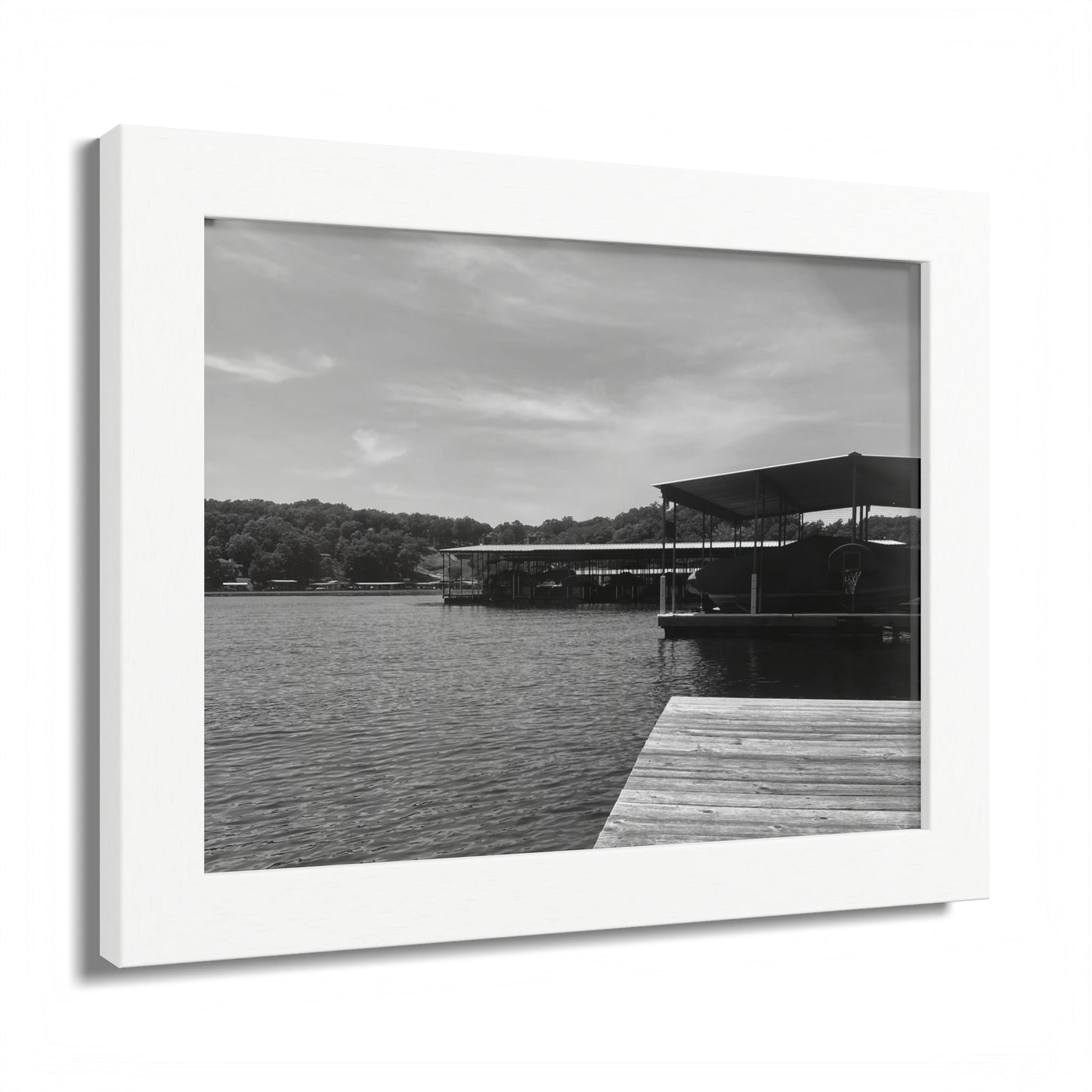 Lake Dock Framed Poster — Black & White Waterfront Wall Art