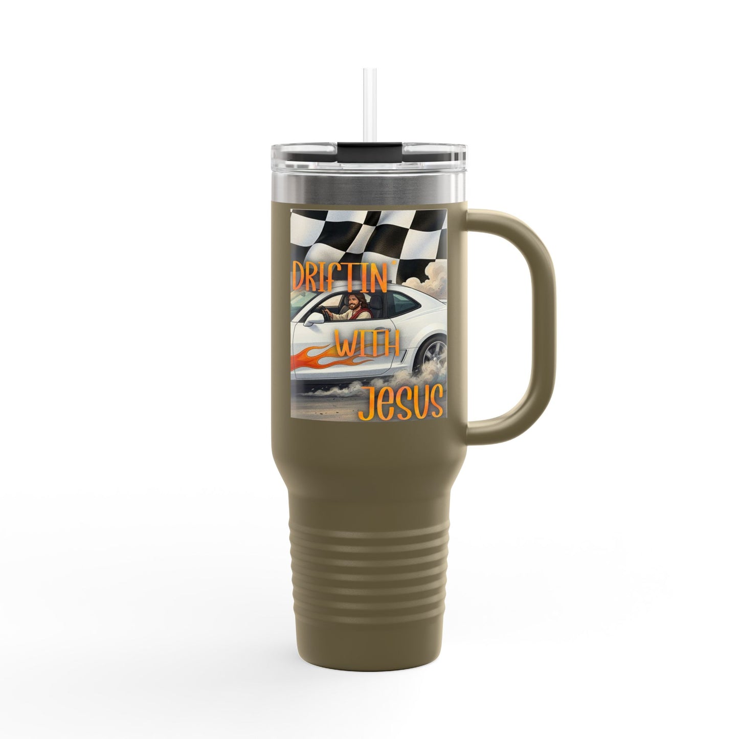 40oz Insulated Travel Mug — Vintage Race Car on Checkered Flag