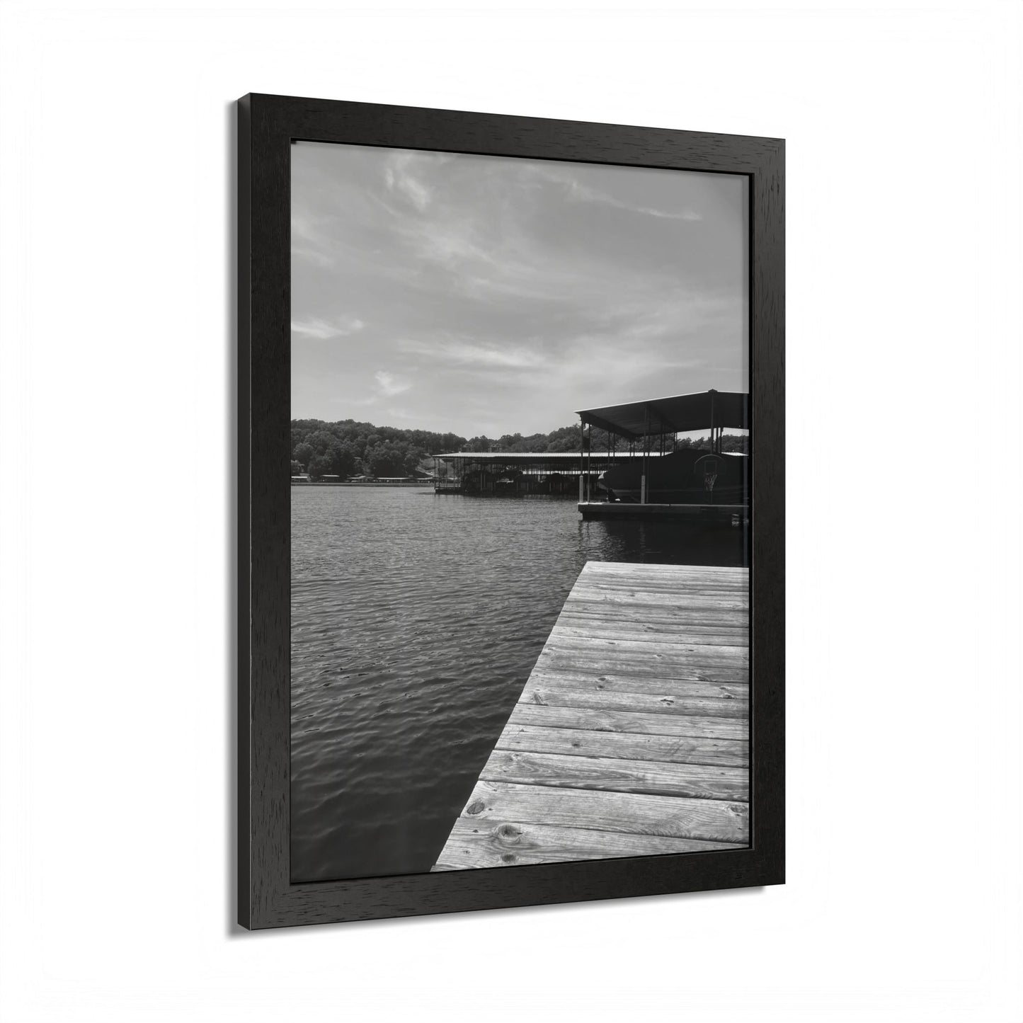 Lake Dock Framed Poster — Black & White Waterfront Wall Art