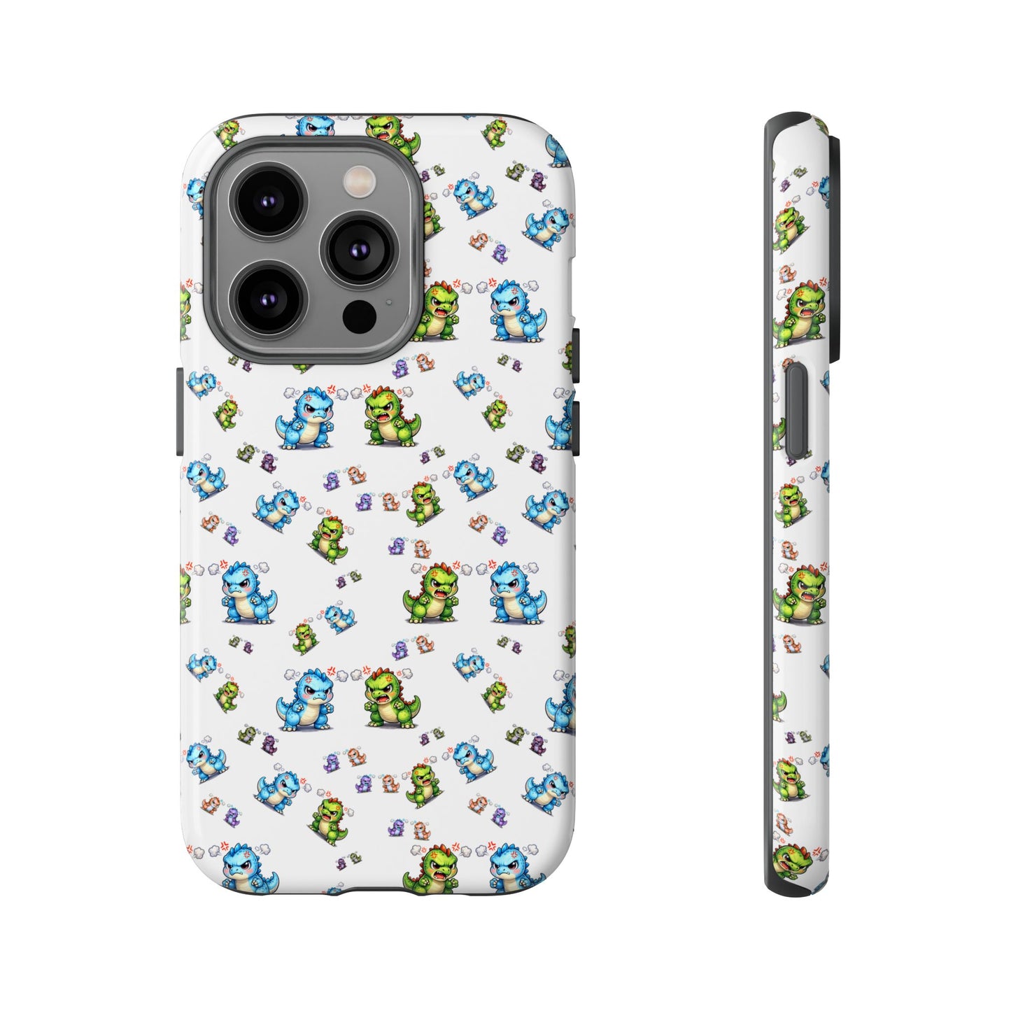 Cute Dino Pattern Phone Case — Cartoon Green & Blue Dino Tough Case, Protective iPhone Cover