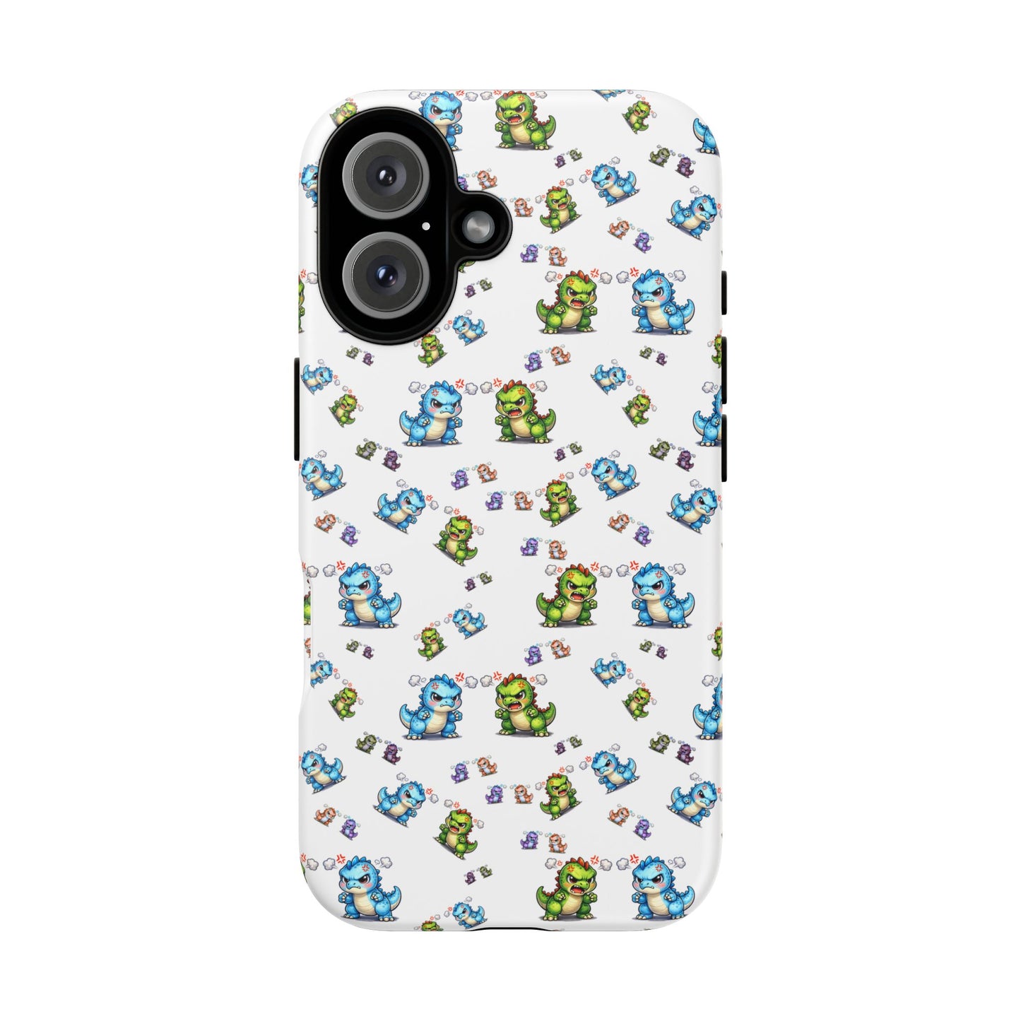 Cute Dino Pattern Phone Case — Cartoon Green & Blue Dino Tough Case, Protective iPhone Cover