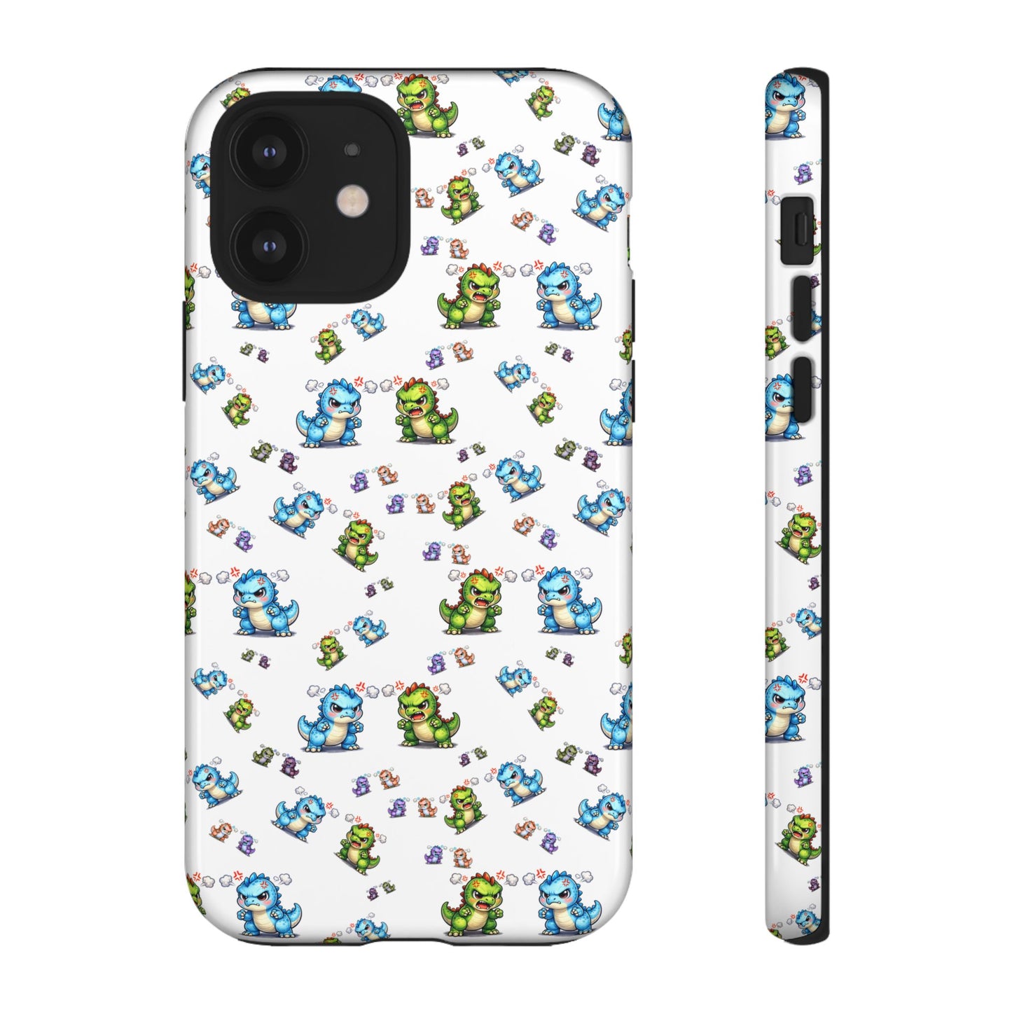 Cute Dino Pattern Phone Case — Cartoon Green & Blue Dino Tough Case, Protective iPhone Cover