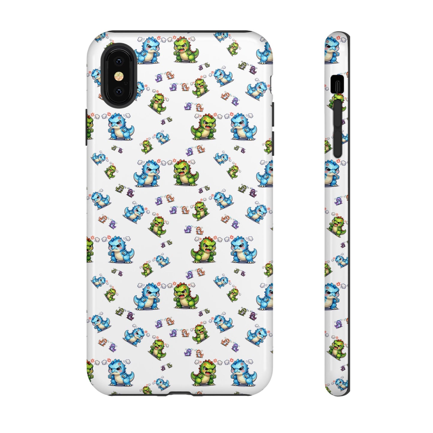Cute Dino Pattern Phone Case — Cartoon Green & Blue Dino Tough Case, Protective iPhone Cover