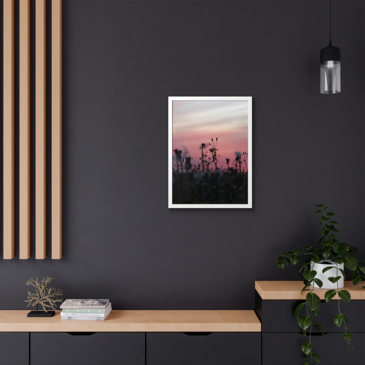 Sunset Meadow Framed Poster — Pink Sky Wildflower Wall Art