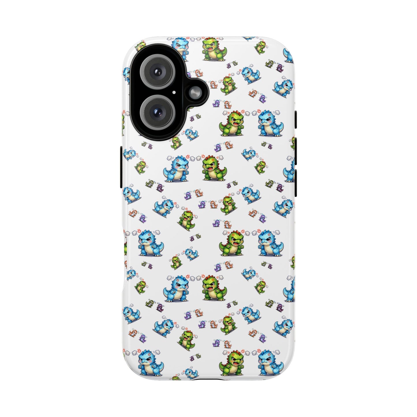 Cute Dino Pattern Phone Case — Cartoon Green & Blue Dino Tough Case, Protective iPhone Cover