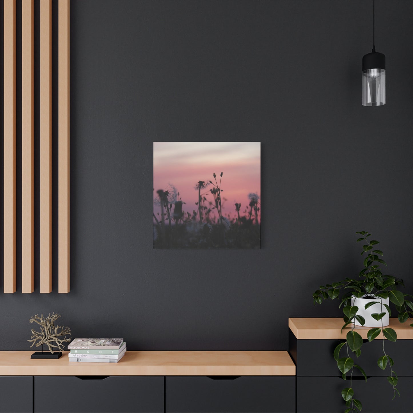 Canvas Wall Art - Silhouetted Wildflowers at Pink Sunset