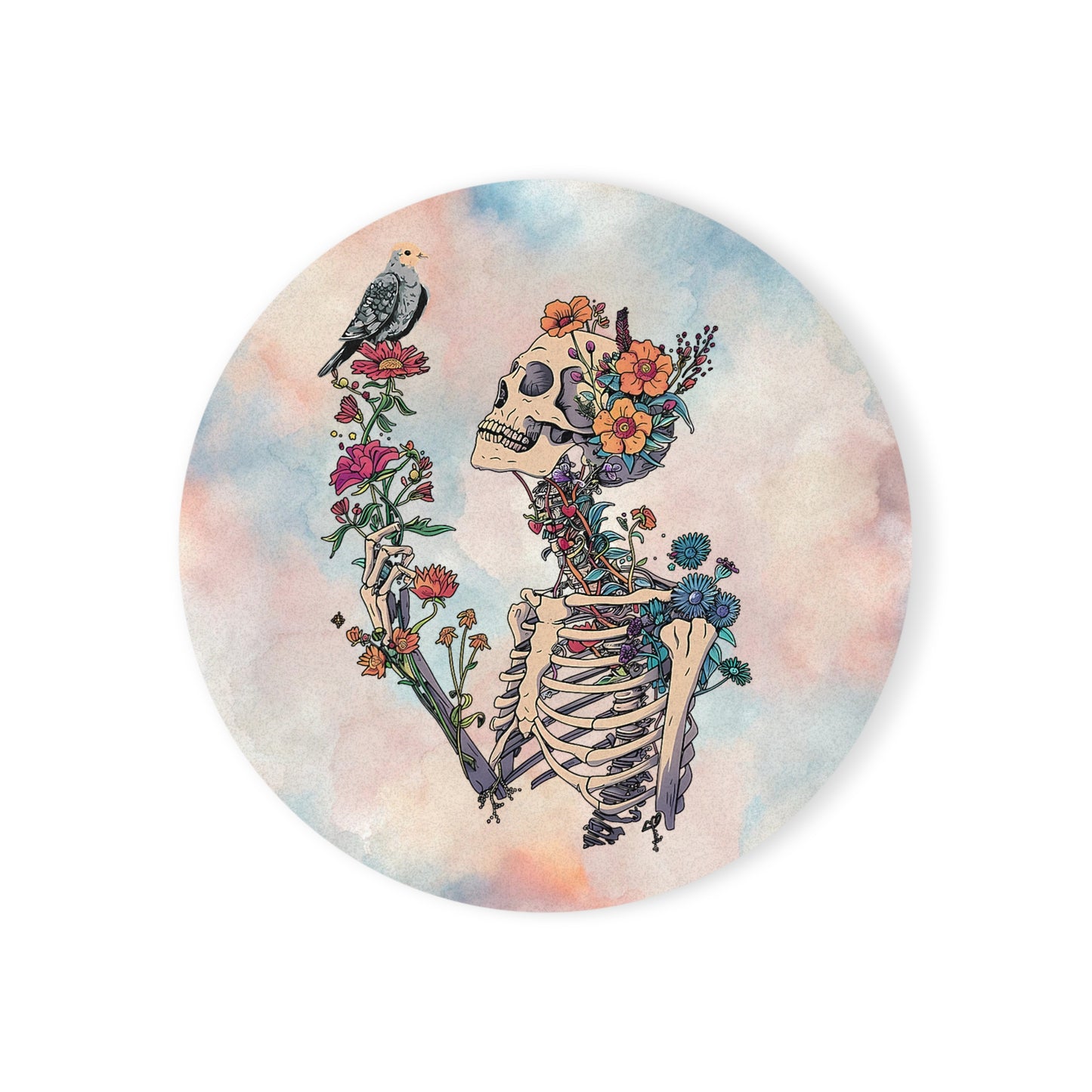 Floral Skeleton Cork Coaster — Day of the Dead Inspired Drink Mat
