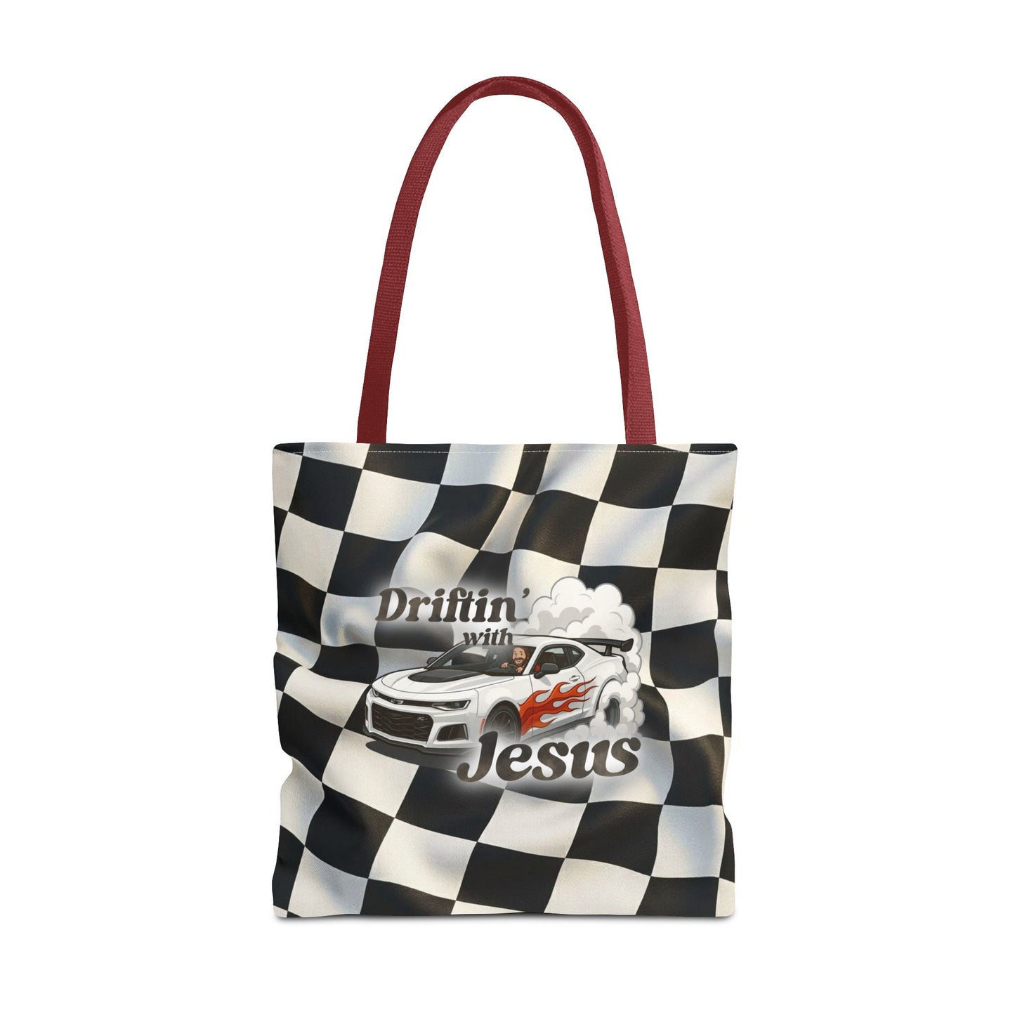 Driftin' with Jesus Racing Tote Bag - Checkered Flag Christian Car Gift