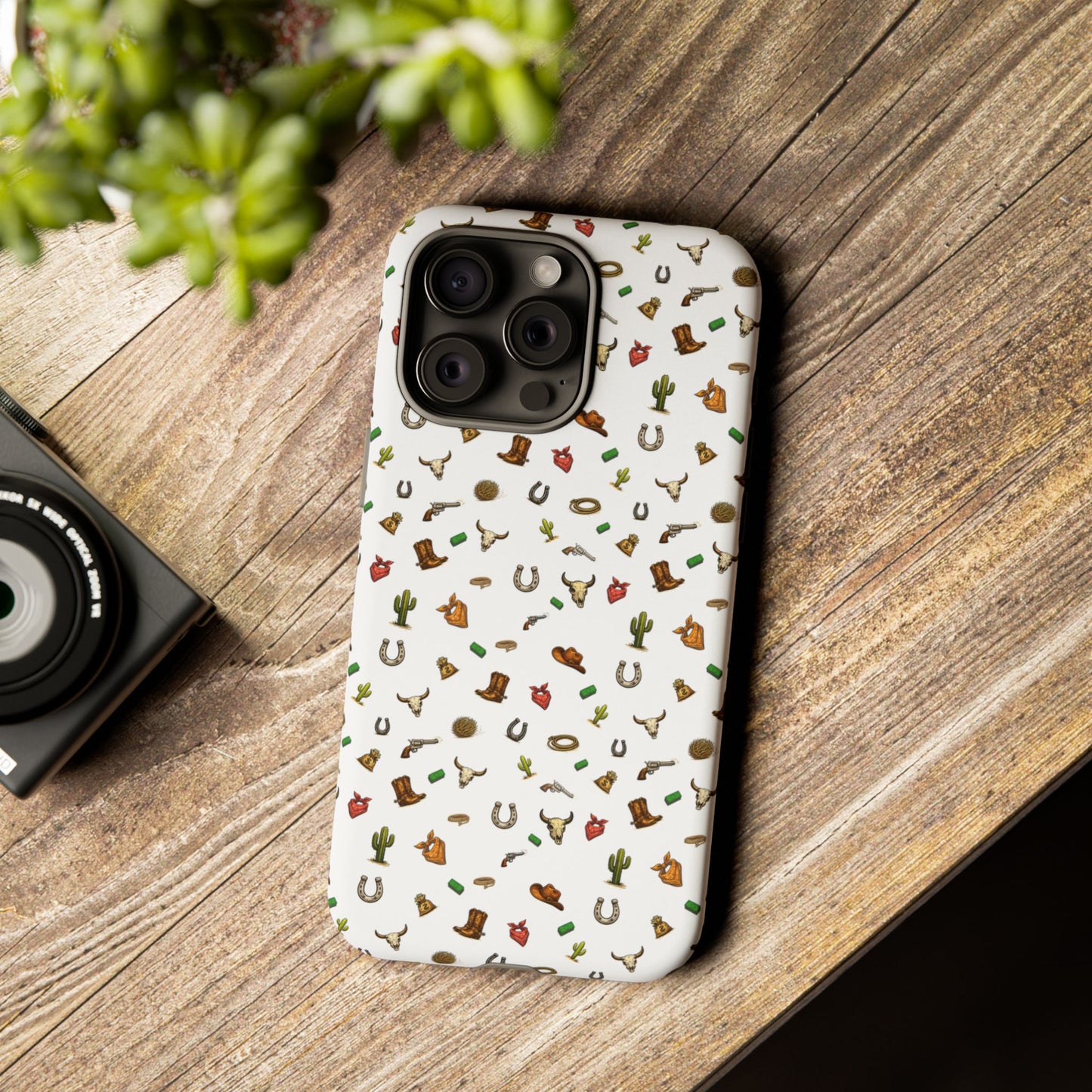 Western Cowboy Pattern Phone Case — Rodeo Hat, Horseshoe & Cactus Tough Case