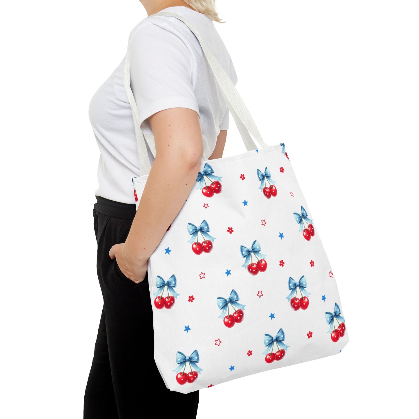 Cherry Bow Tote Bag — Cute Red Cherries with Blue Bows Patterned Shopper