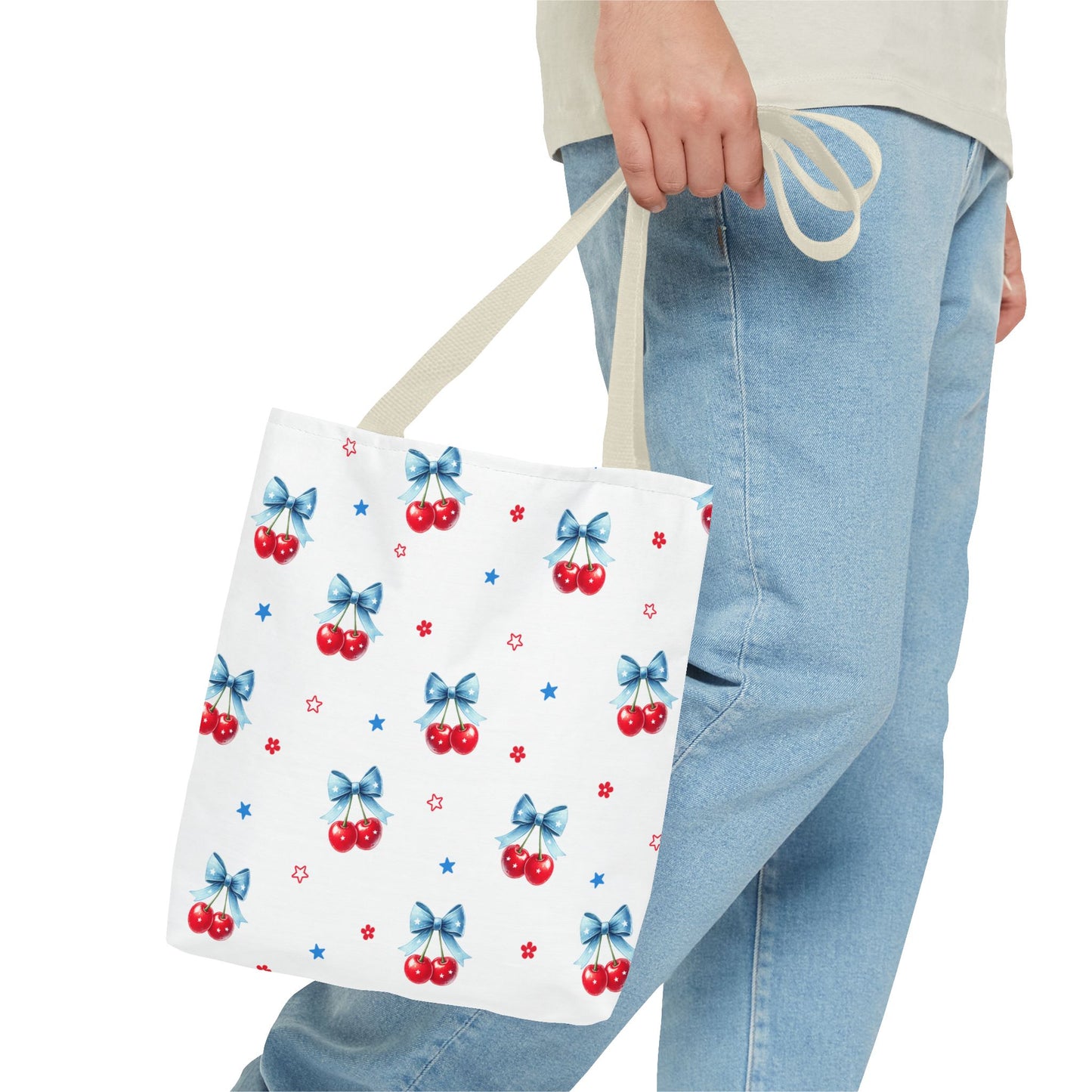 Cherry Bow Tote Bag — Cute Red Cherries with Blue Bows Patterned Shopper