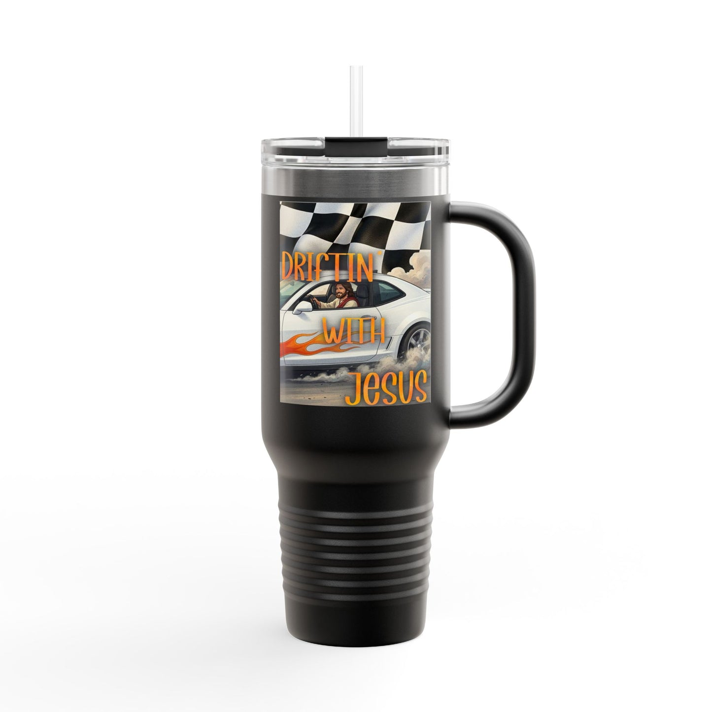 40oz Insulated Travel Mug — Vintage Race Car on Checkered Flag