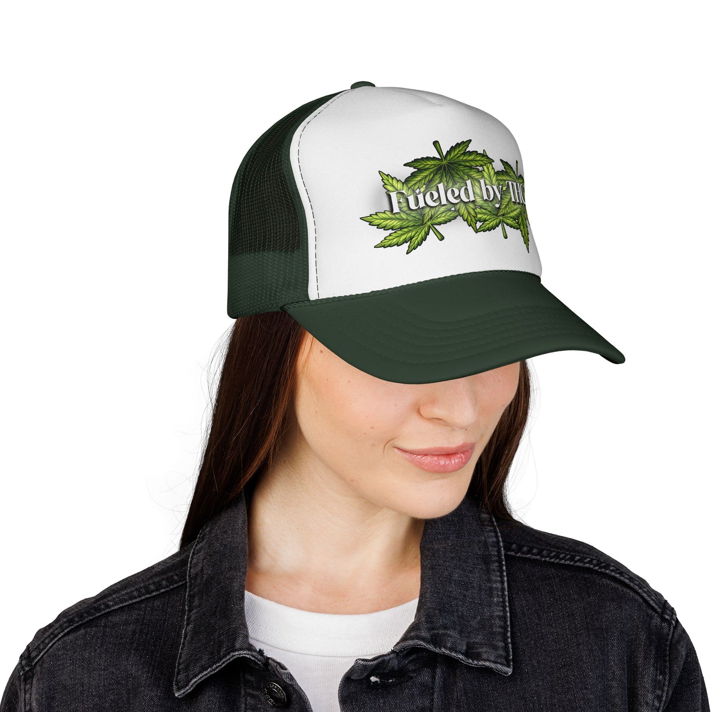 Trucker Cap — "Fueled by THC" Leaf Graphic Mesh Hat