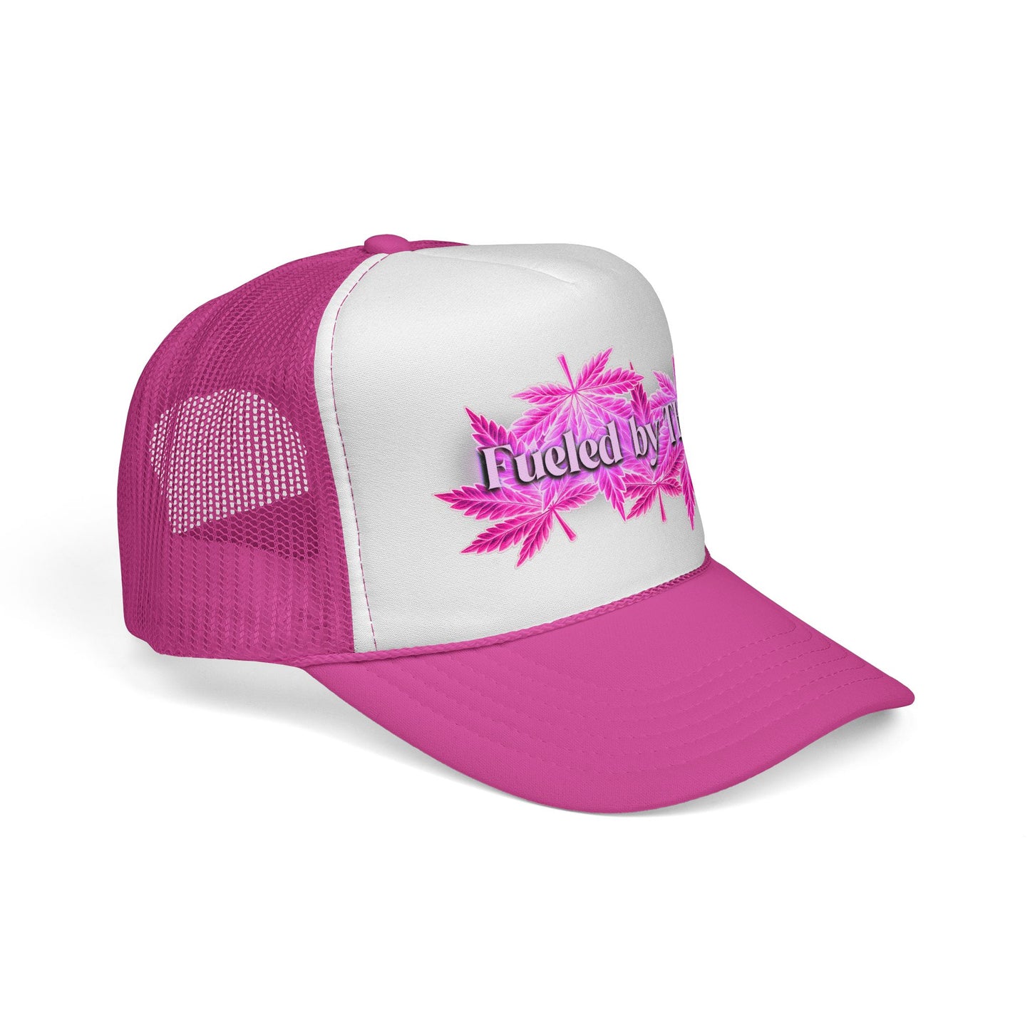 Trucker Cap — 'Fueled by THC' Pink Cannabis Leaf Mesh Hat