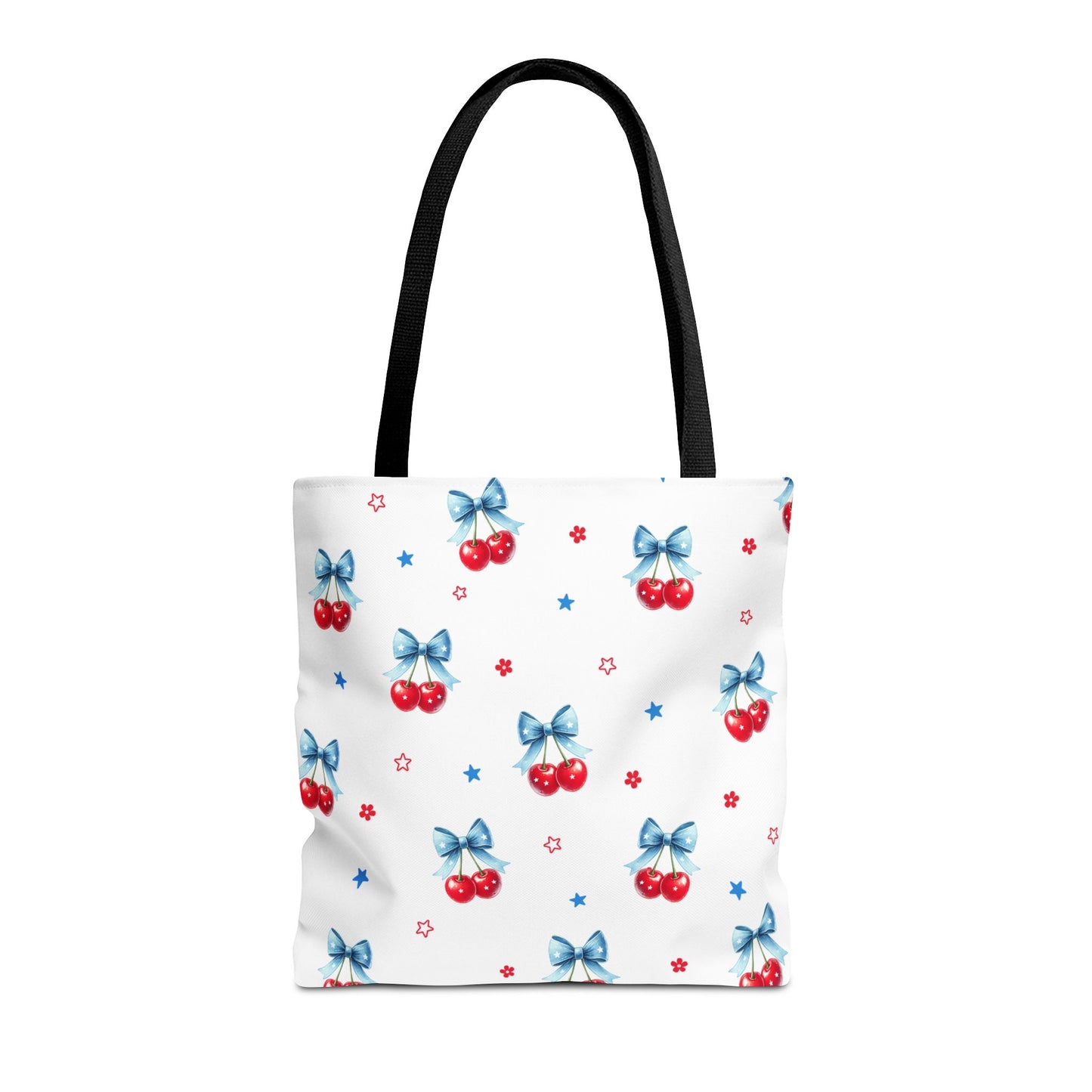 Cherry Bow Tote Bag — Cute Red Cherries with Blue Bows Patterned Shopper